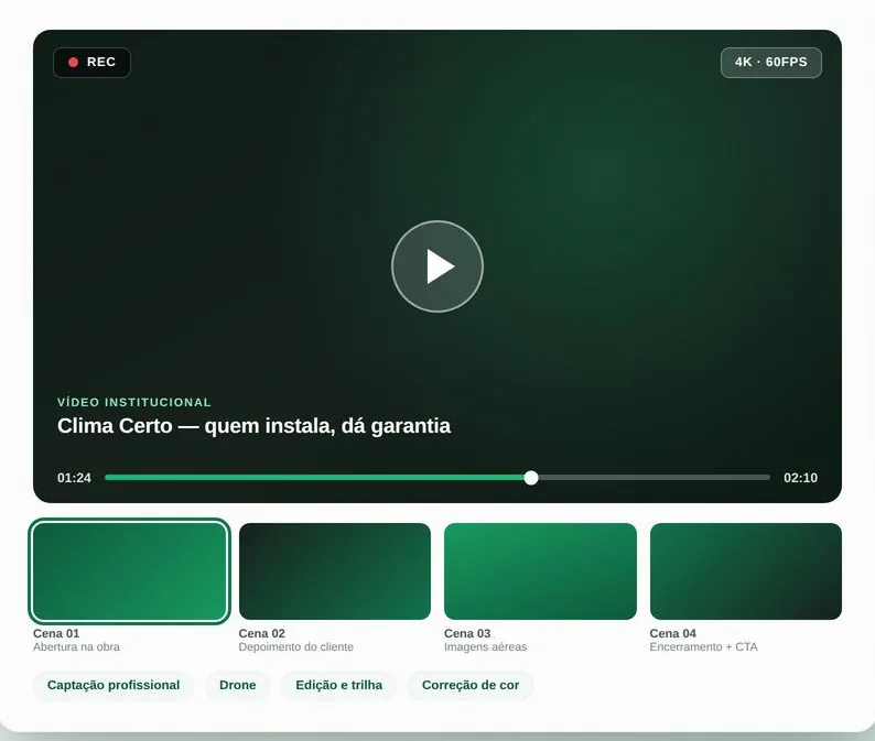 Exemplo de vídeo institucional finalizado, com cenas organizadas e player de vídeo