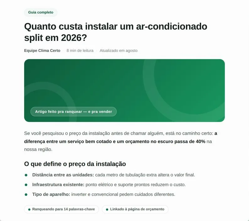 Exemplo de artigo de blog publicado, otimizado para ranquear no Google e linkado à página de orçamento