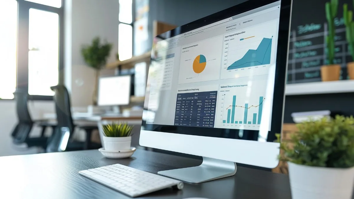 Monitor exibindo painel de métricas e gráficos de desempenho
