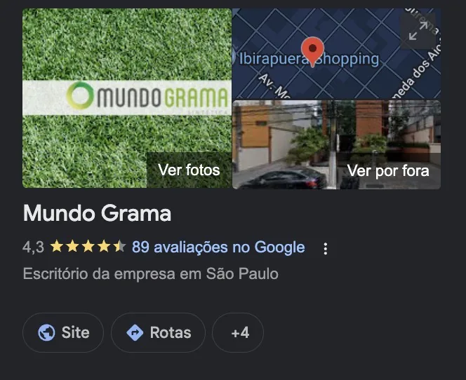 Perfil da Mundo Grama no Google, com nota 4,3 e 89 avaliações