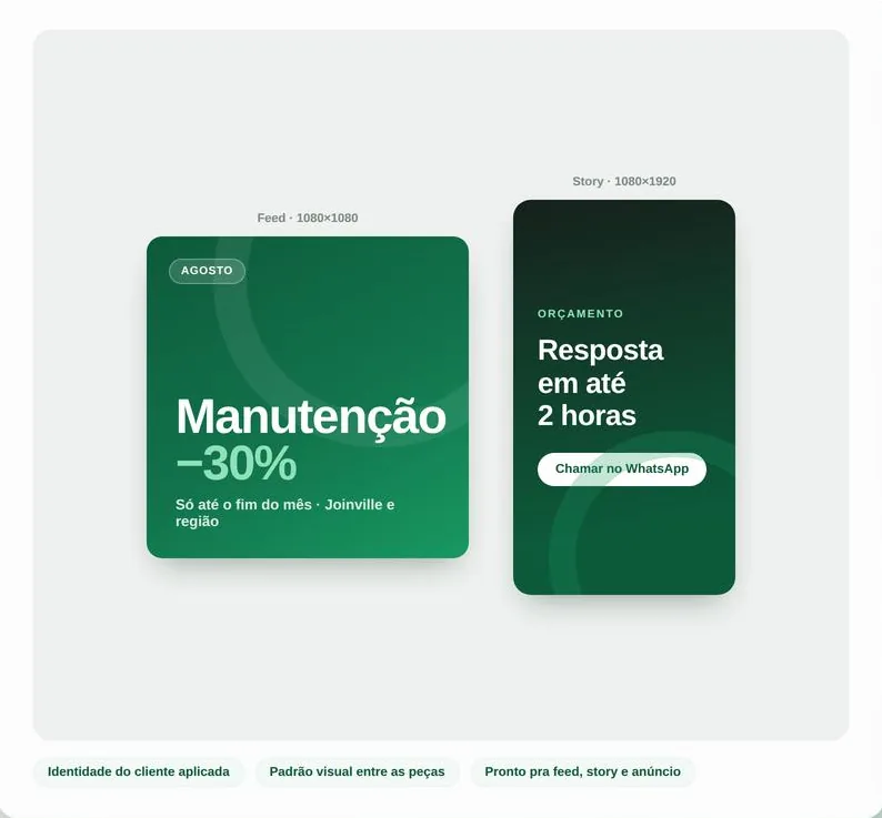 Exemplo de criativos do mês para feed e stories, com identidade do cliente aplicada