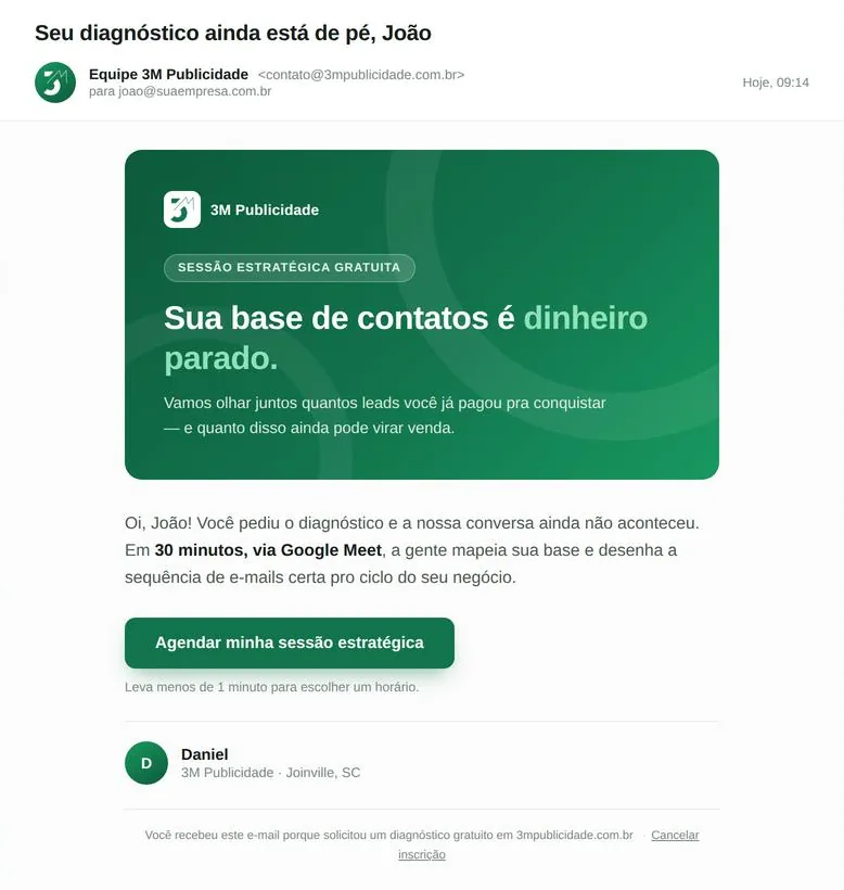 Exemplo de e-mail automático de reengajamento enviado a um lead que solicitou diagnóstico gratuito