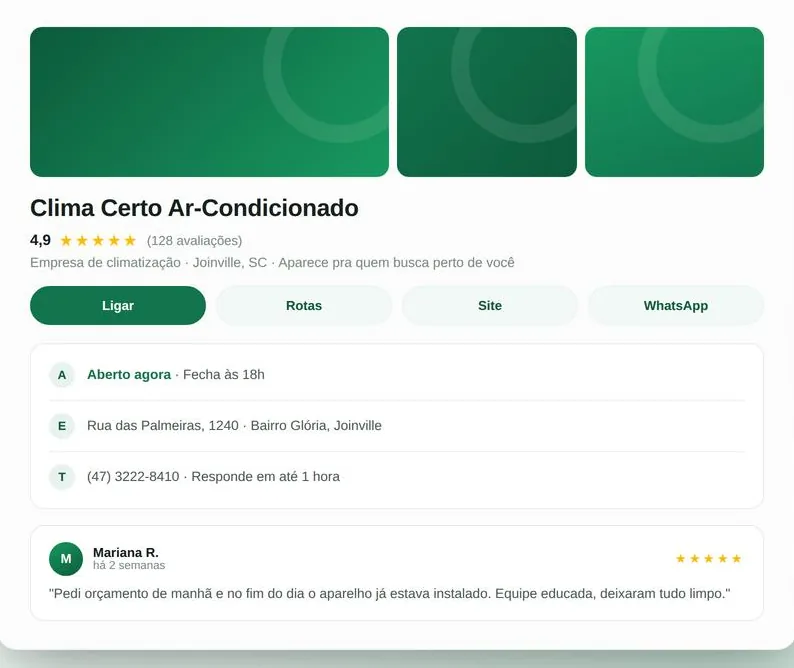 Exemplo de ficha do Google Meu Negócio completa, com nota, avaliações, horário e botões de contato