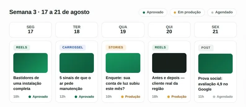 Exemplo de calendário editorial com planejamento mensal de conteúdo