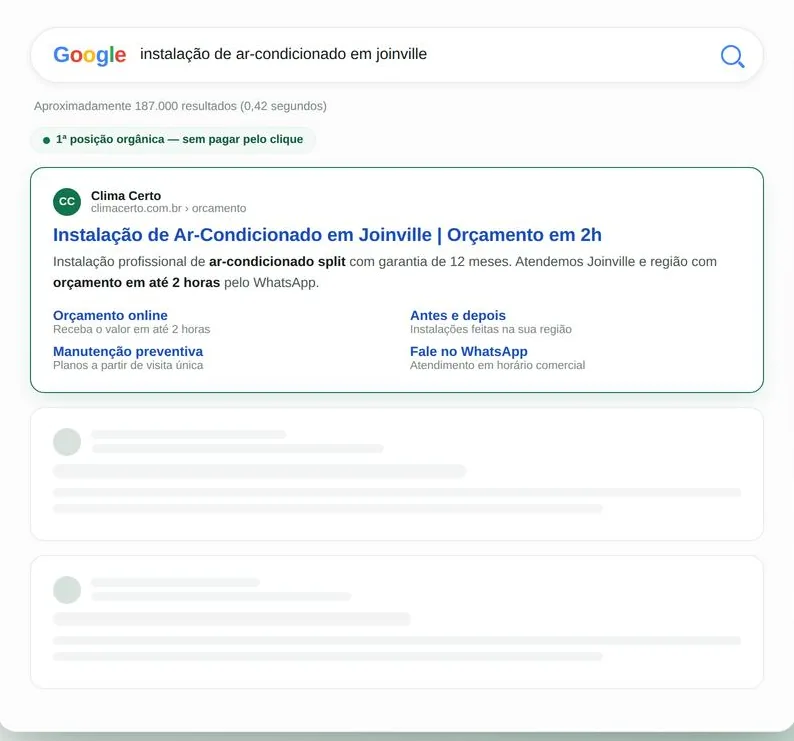 Exemplo de resultado orgânico no Google em primeira posição, sem pagar pelo clique
